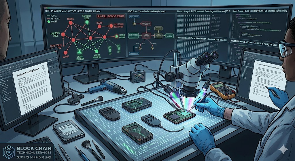 Crypto forensic and technical analysis tracing stolen funds through blockchain transaction mapping and wallet identification