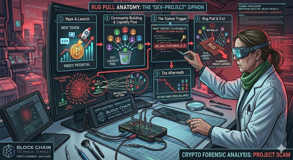 Rug pull crypto scam recovery tracing stolen funds from abandoned DeFi projects and memecoin liquidity drains